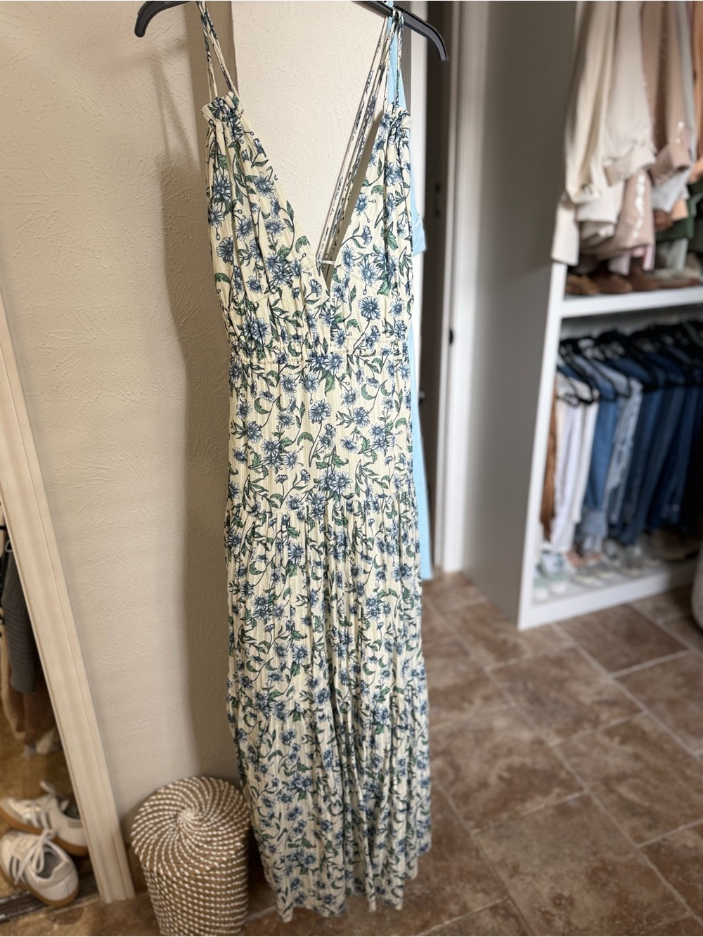V-Neck Floral Maxi Dress in Blue on Cream
